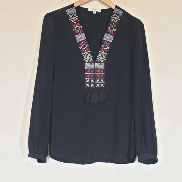 Lavender Brown Tops - Lavender Brown Black Silk Blouse Embroidered Neckline